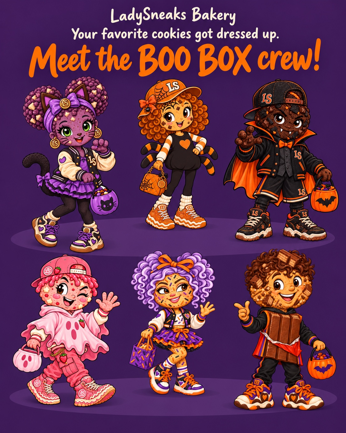 The Boo Box crew: Scaredy Kicks, Cobweb Caramels, Peek-a-Boo Dribble, Boo Berry Hightops, Fright Tops, and Kick O’ Treat in their Halloween costumes