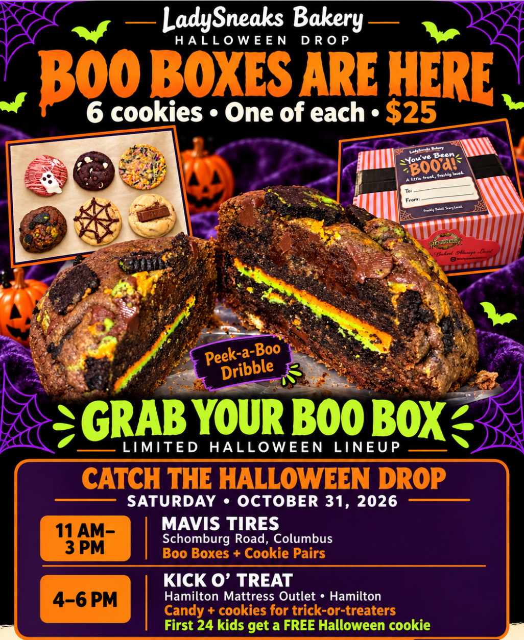Boo Boxes are here: six cookies for $25, featuring Peek-a-Boo Dribble and the Halloween drop on October 31 at Mavis Tires from 11 AM to 3 PM and Kick O’ Treat at Hamilton Mattress Outlet from 4 to 6 PM